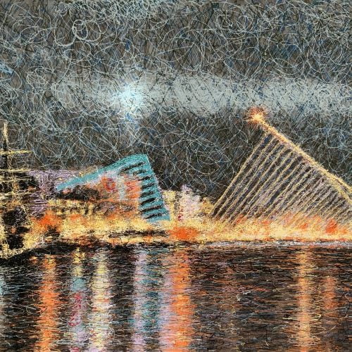 Dublin Docklands at Night. Tangled lines. Acrylic. Mykola Babiy. IRELAND