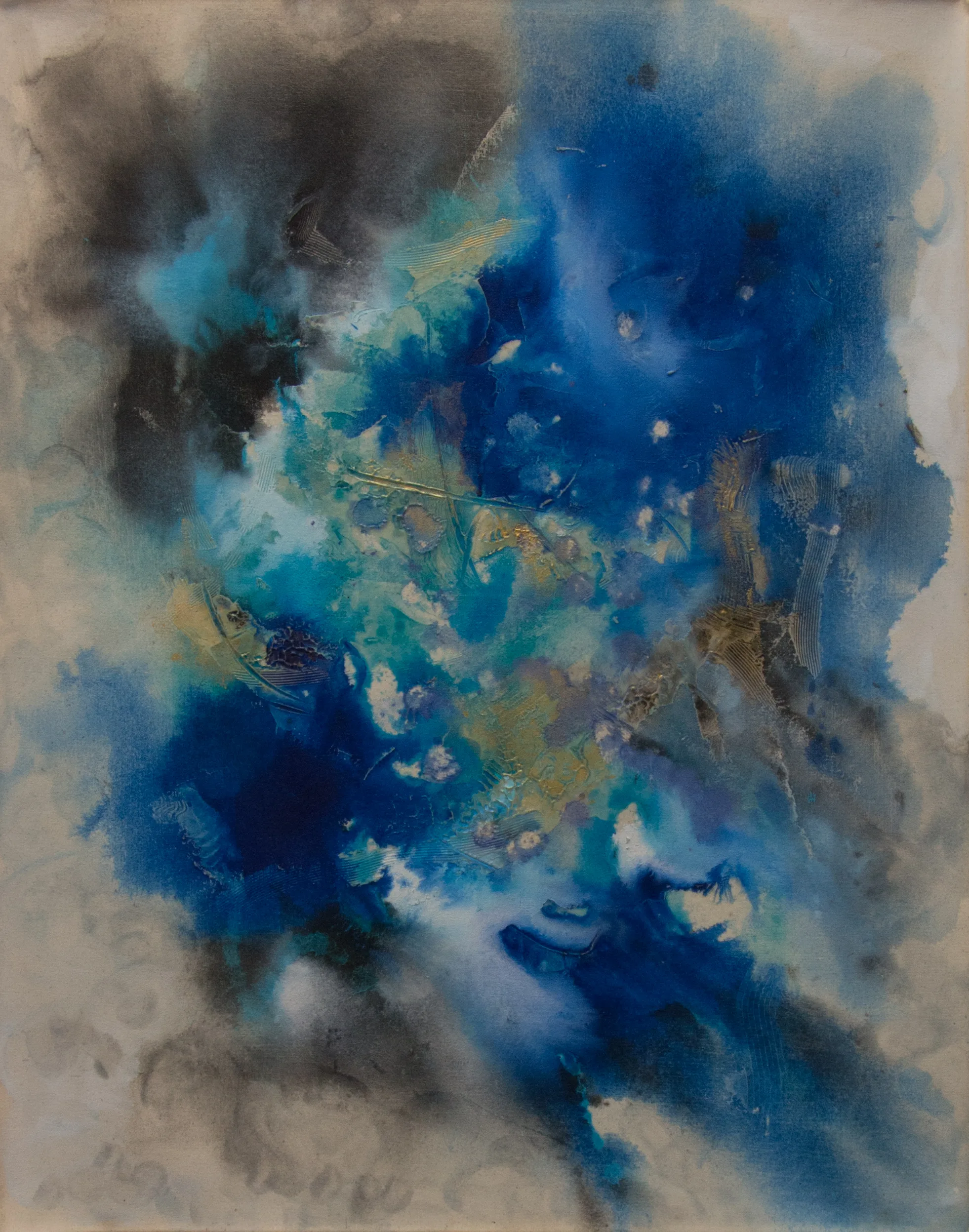 acrylic painting on canvas that blends blue and green tones in a mesmerizing watercolor effect. This abstract piece evokes the tranquility of a dreamscape and the serenity of celestial spaces, offering a calming presence to any interior.