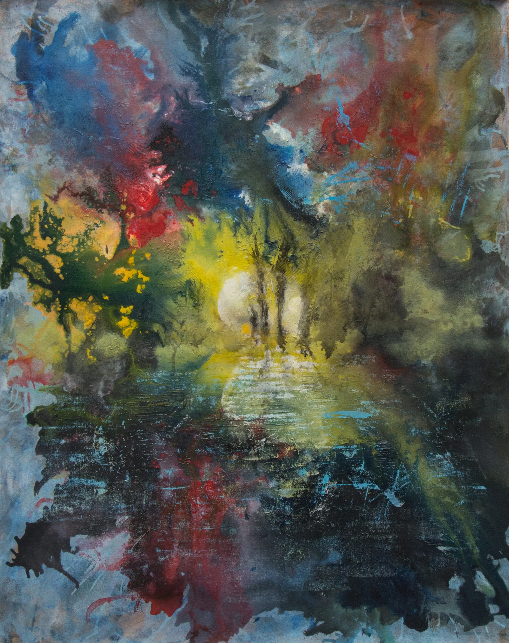 an abstract expression of serenity and warmth, featuring a radiant yellow sun diffused through a misty forest