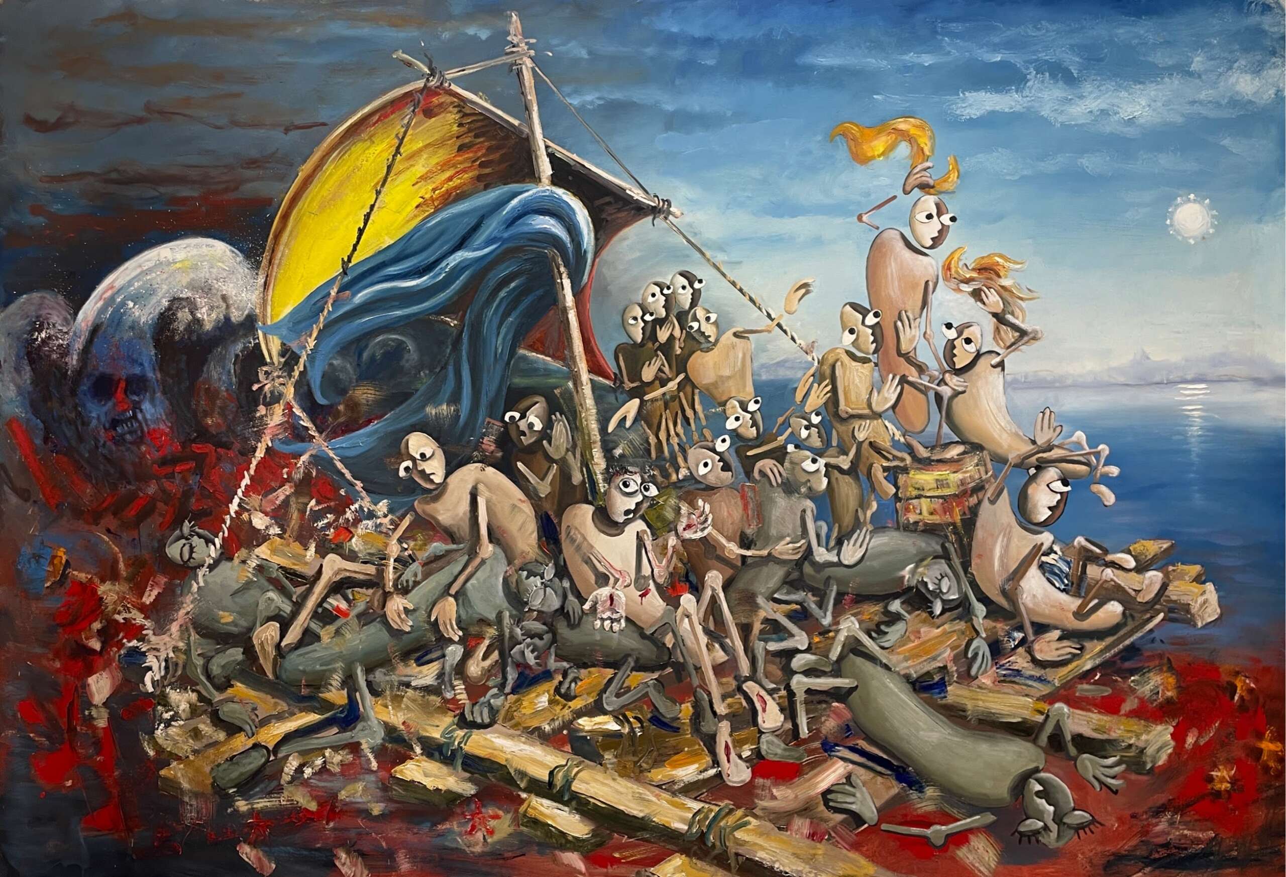 Original figurative oil painting A Raft of Salvation and Hope: Escape from the Red Dictatorship by Mykola Babiy, depicting a dramatic and symbolic scene of refugees seeking freedom from oppression.
