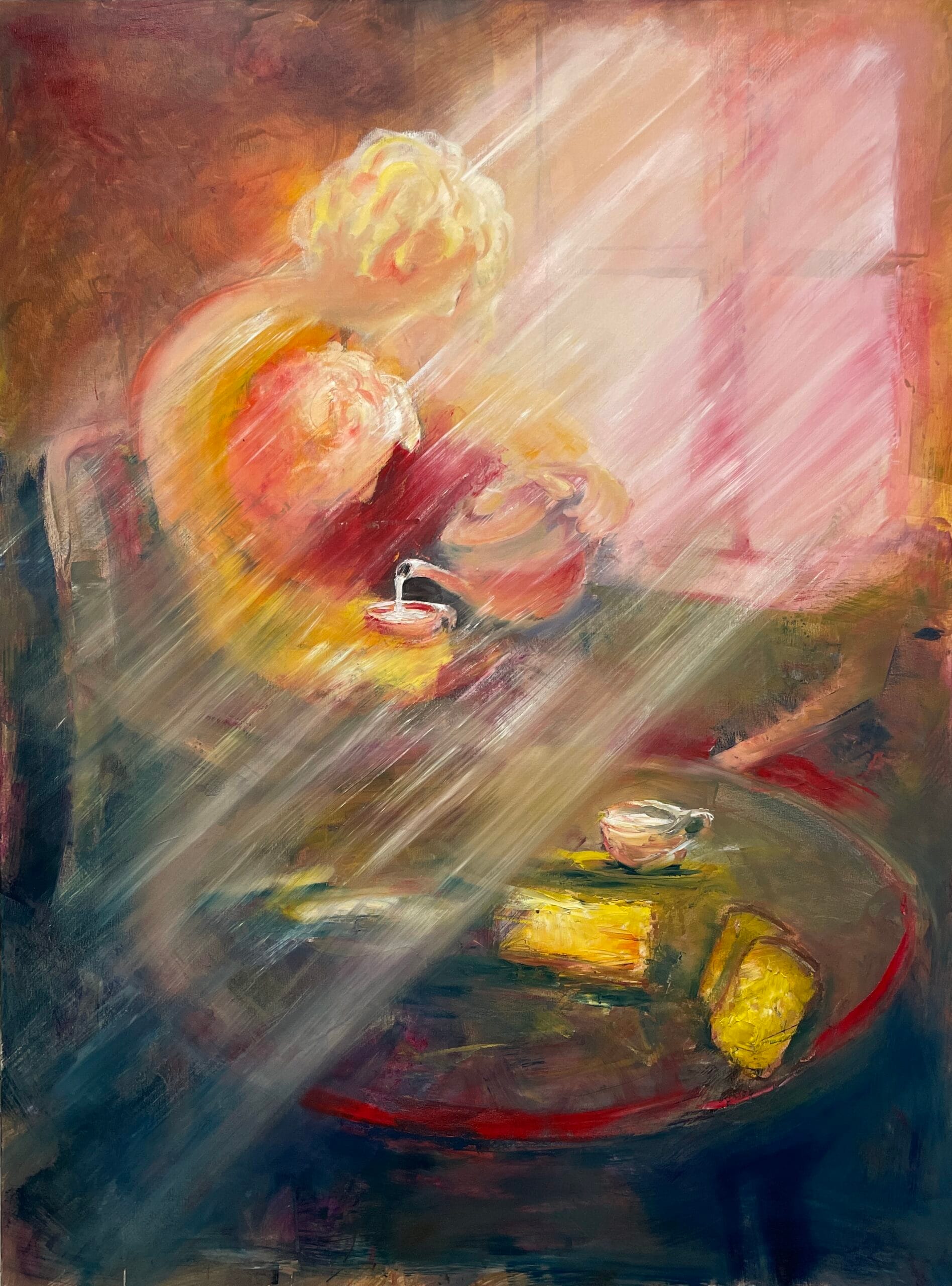 Cup of Tea – Shared Generations original oil painting 120x160cm by Mykola Babiy depicting a warm interior with sunlight rays.