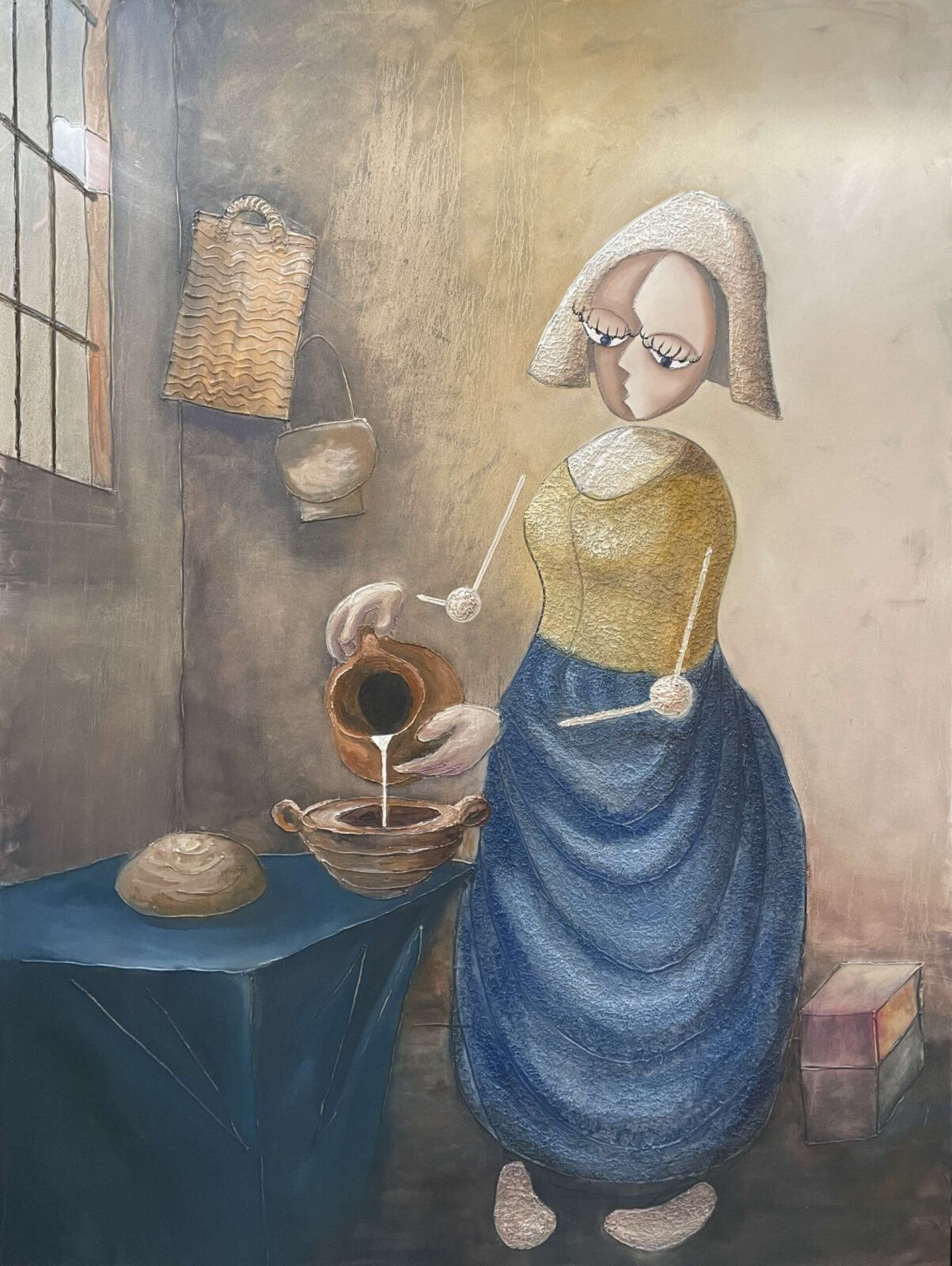 Original figurative oil painting Milkmaid in Modern Light by Mykola Babiy, a contemporary reimagining of Vermeer with expressive brushwork and atmospheric lighting.