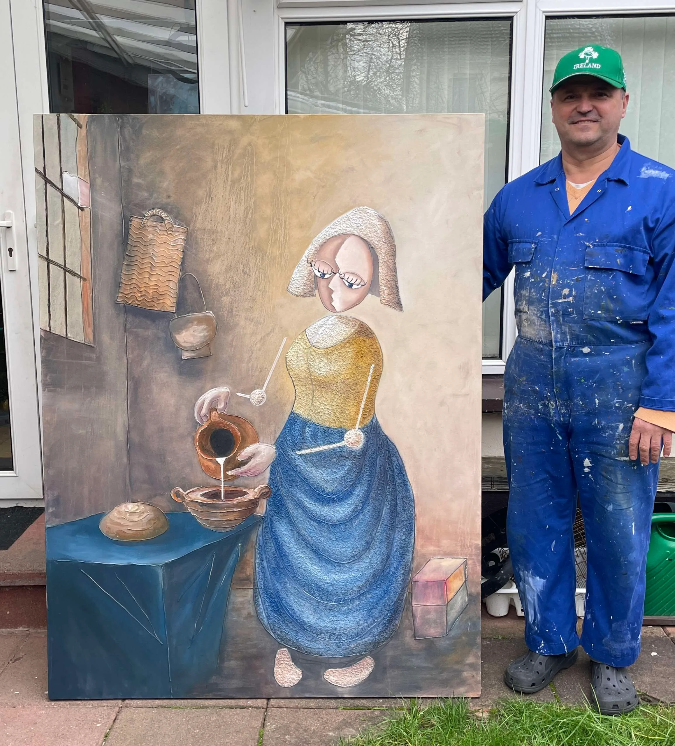 Original figurative oil painting Milkmaid in Modern Light by Mykola Babiy, a contemporary reimagining of Vermeer with expressive brushwork and atmospheric lighting.