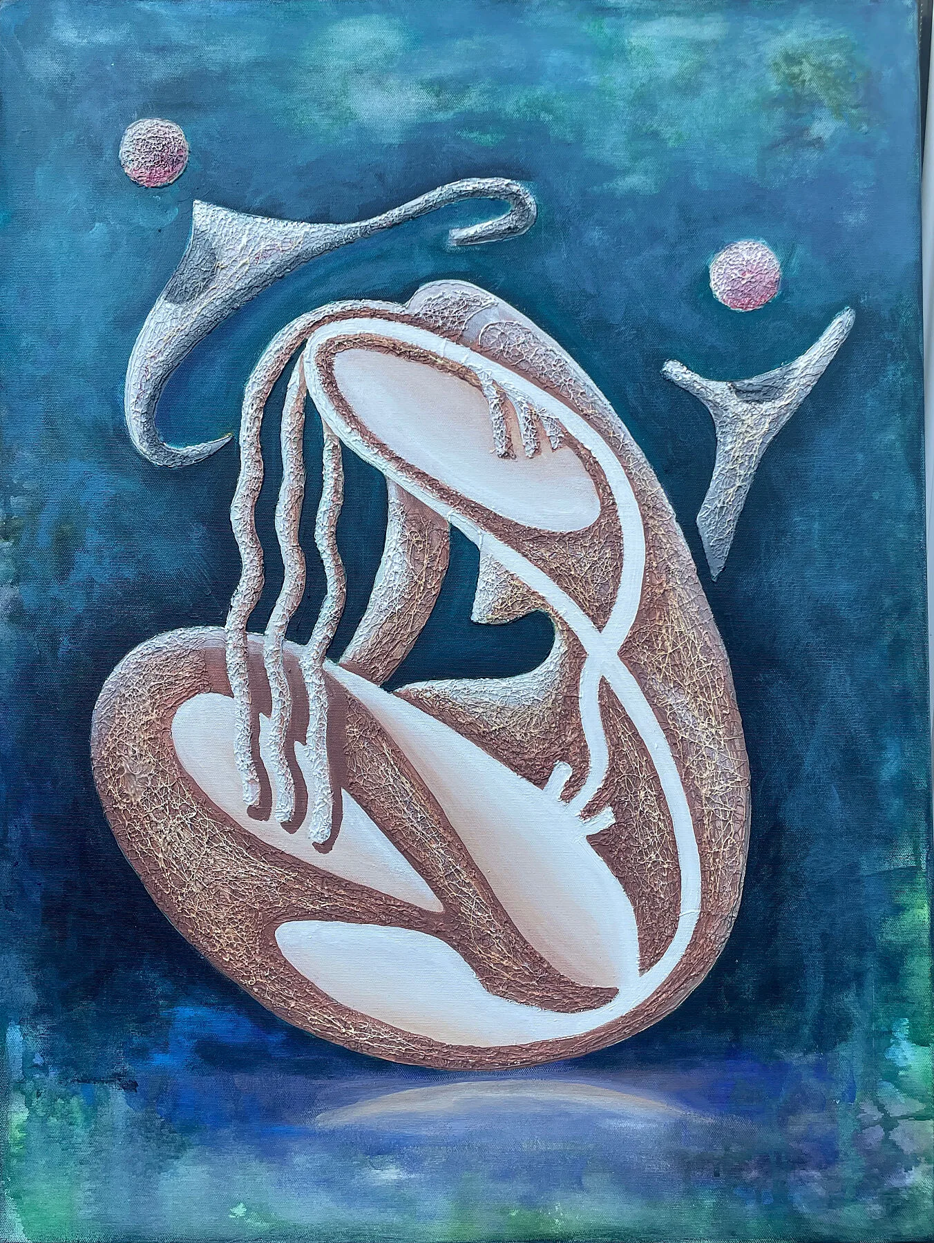 Original mermaid abstract painting Perfect Balance by Mykola Babiy featuring blue and teal tangled lines technique.