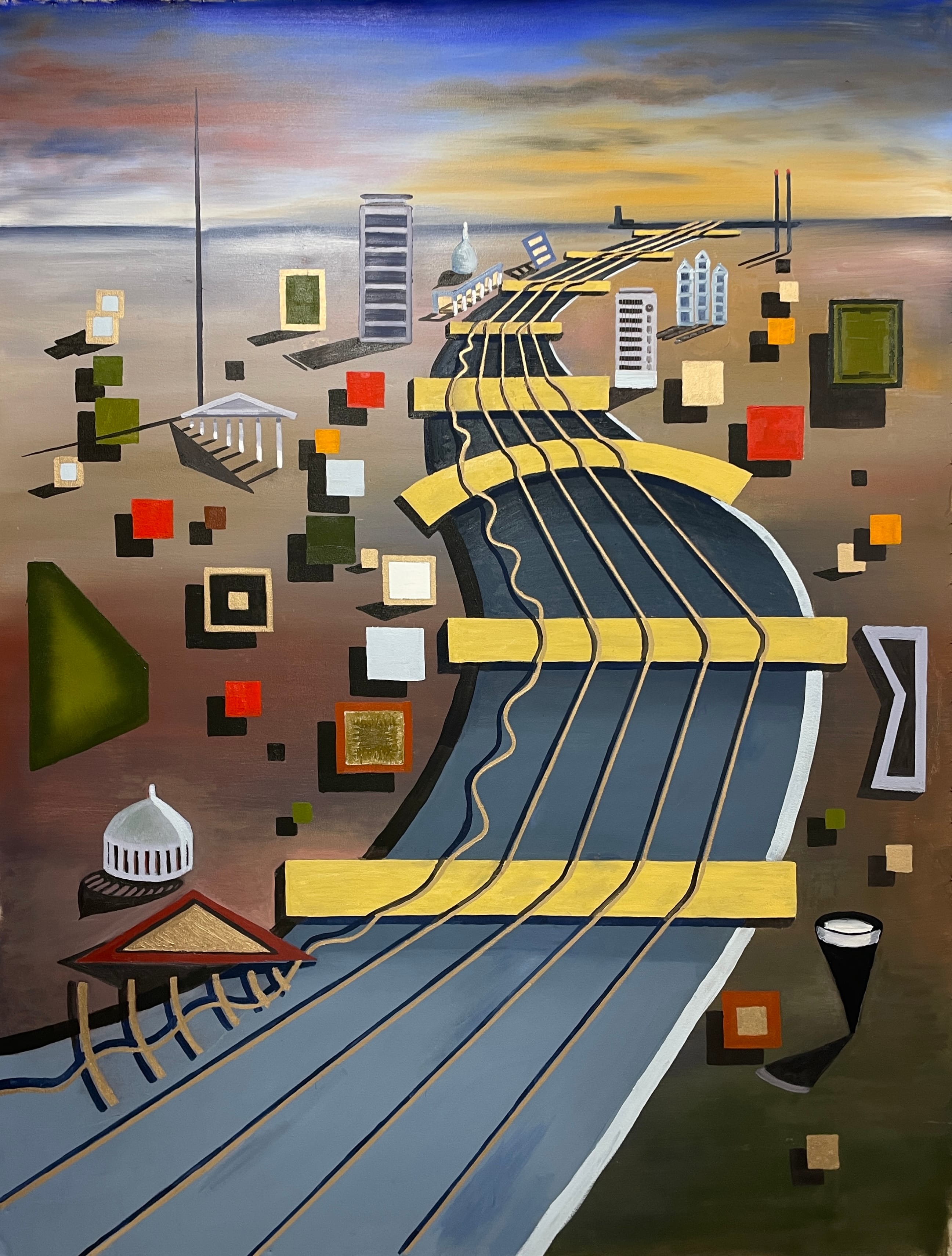 Original Dublin abstract painting "Dublin Sound" by Mykola Babiy, depicting the River Liffey as a musical instrument with gold bridges.